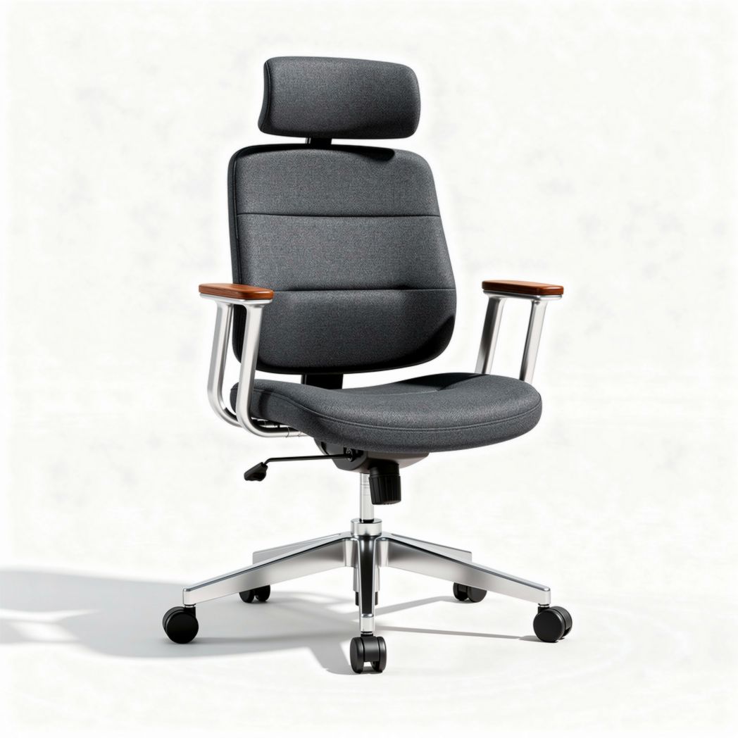 Chaise de bureau ergonomique en tissu gris avec accoudoirs en bois taille 50 x 60 x 100 cm