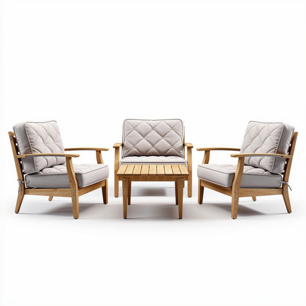 Salon de jardin en bois avec coussins en tissu gris dimensions 150 x 80 x 75cm