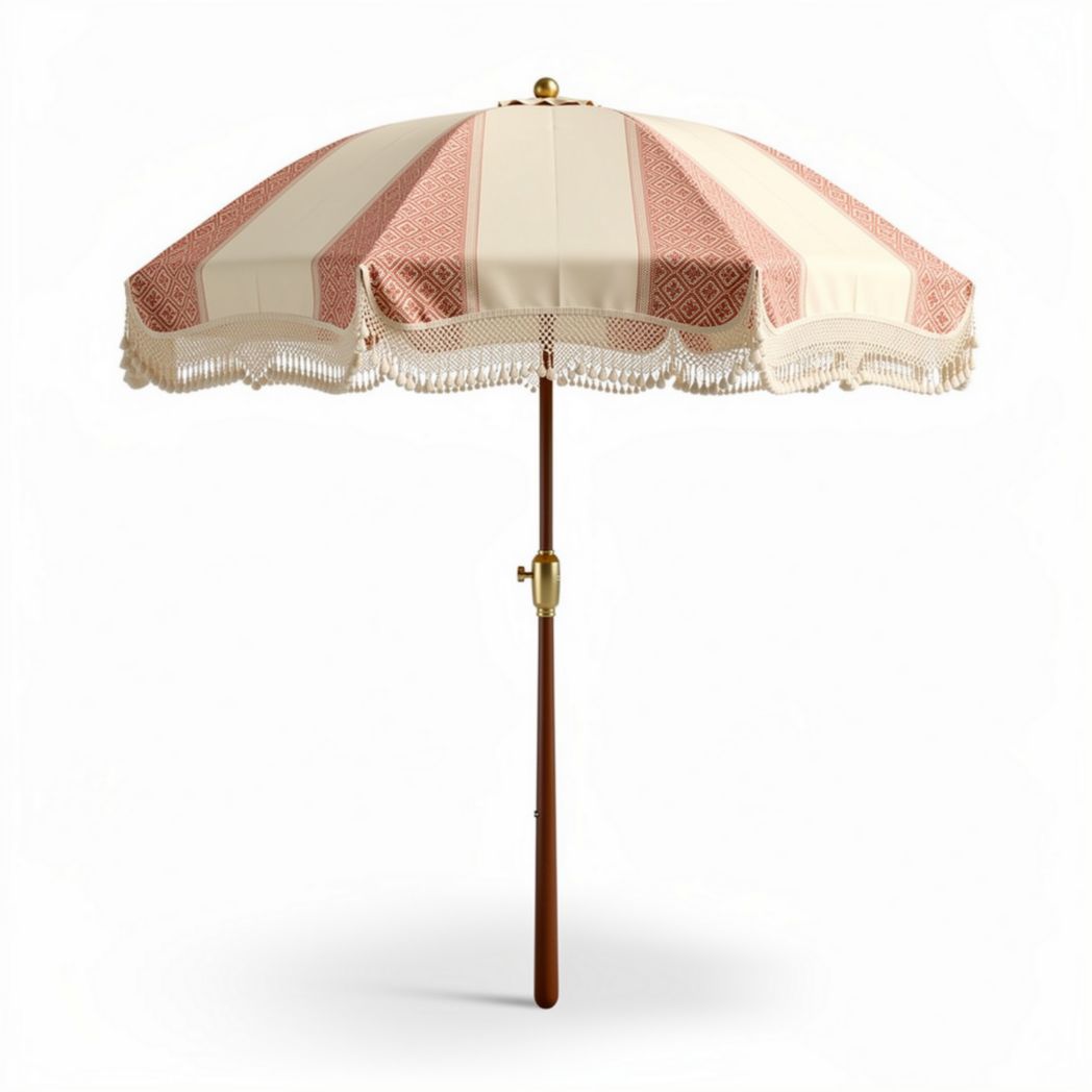 Parasol en coton beige et rose avec frange en dentelle 200 x 200 x 250cm