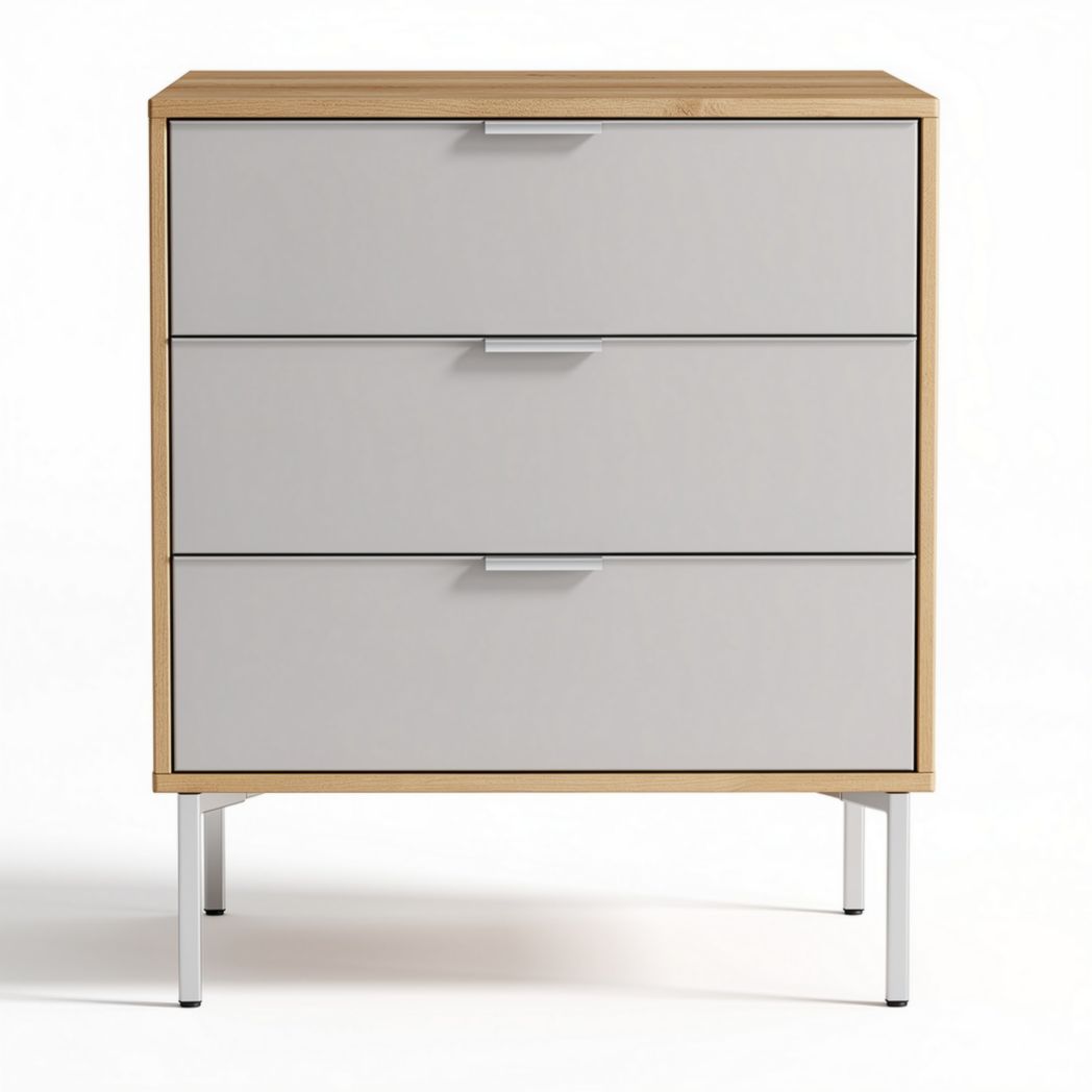 Commode en bois avec trois tiroirs gris et pieds en métal 80 x 40 x 75cm