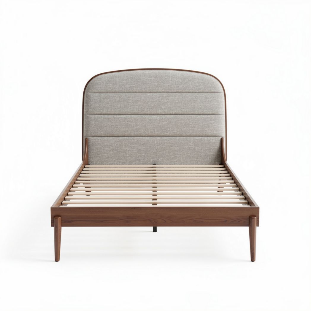 Lit en bois avec tête de lit rembourrée en tissu beige 200 x 160 x 100cm