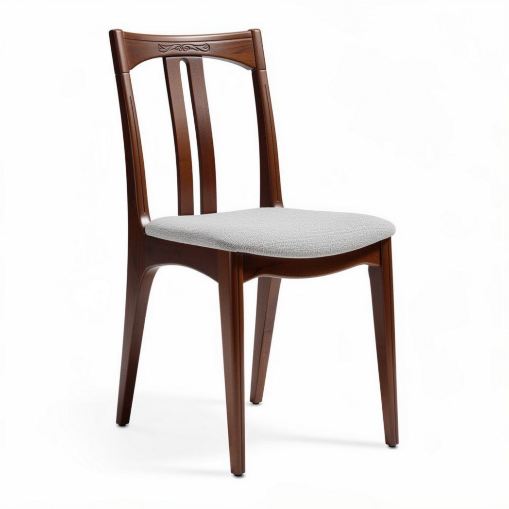 Chaise en bois marron avec coussin en tissu gris dimensions 45 x 45 x 85cm