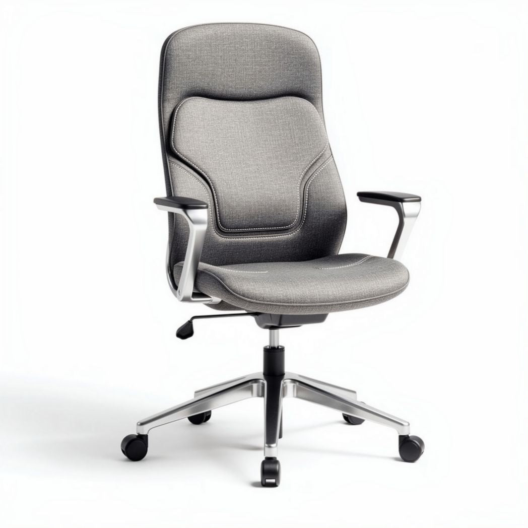 Chaise de bureau ergonomique en tissu gris avec accoudoirs et roulettes