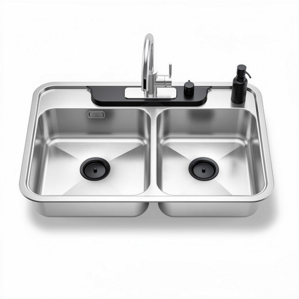 Évier en inox à double bac de 80 x 50 x 20 cm avec robinet et accessoire noir