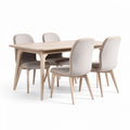 Table rectangulaire en bois clair avec quatre chaises rembourrées grises 160 x 90 x 75cm