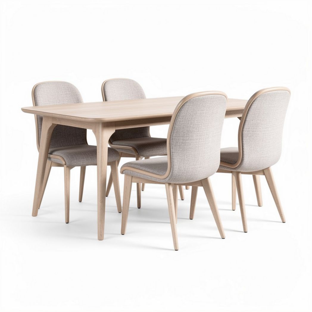 Table rectangulaire en bois clair avec quatre chaises rembourrées grises 160 x 90 x 75cm