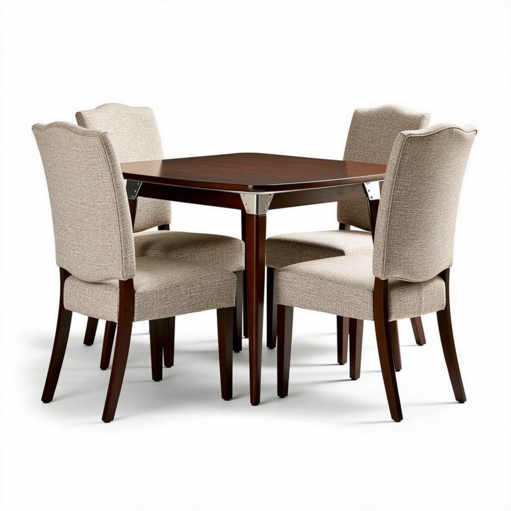 Table carrée en bois avec quatre chaises en tissu beige dimensions 120 x 120 x 75cm